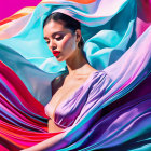 Woman in flowing blue, pink, and red fabric with soft shadows.