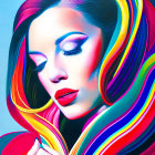 Multicolored hair woman with red lips in digital artwork