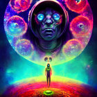 Colorful cosmic scene: large alien head, humanoid figure, planets, bubbles