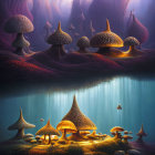 Bioluminescent mushrooms in enchanted forest by reflective lake