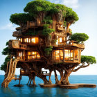 Surreal illustration: large tree with wooden houses over blue lake