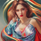 Detailed digital artwork: woman with flowing hair and multicolored scarf.