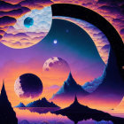 Surreal digital artwork of cosmic landscape with crescent moon, planets, stars, mountains