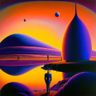 Futuristic landscape with large planets, spire, and silhouetted figures