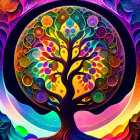 Colorful Psychedelic Tree with Celestial Motifs on Dark Background