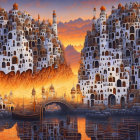 Fantastical cityscape at sunset with multi-tiered buildings and vivid sky