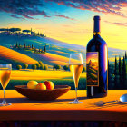 Tranquil wine bottle, glasses, and fruit bowl on table with scenic sunset view