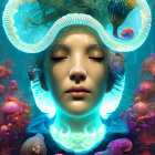 Underwater scene with serene face, jellyfish, coral, and glowing blue light.