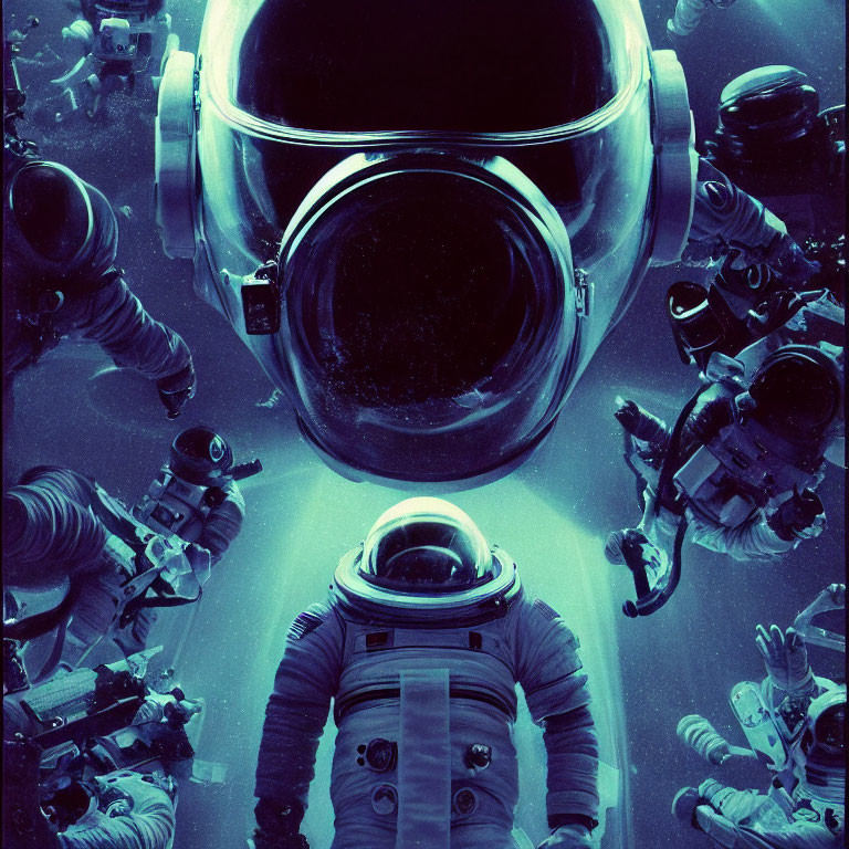 Astronauts Floating Around Central Figure in Blue Light