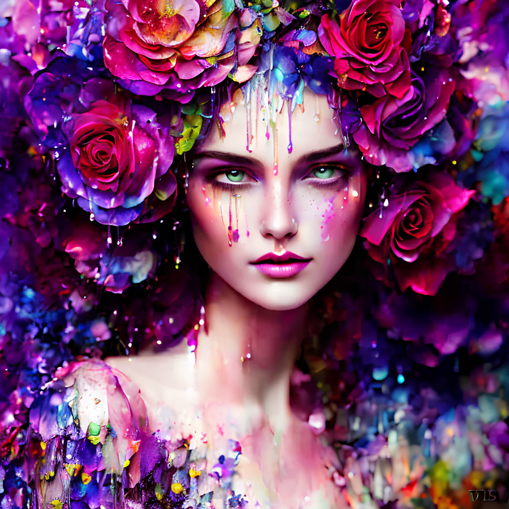 Digital artwork of woman with floral headdress and paint drips on purple background