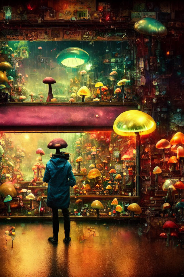 Person in Blue Coat Standing in Front of Vibrant Shop Window with Mushroom Lights in Rainy Atmosphere