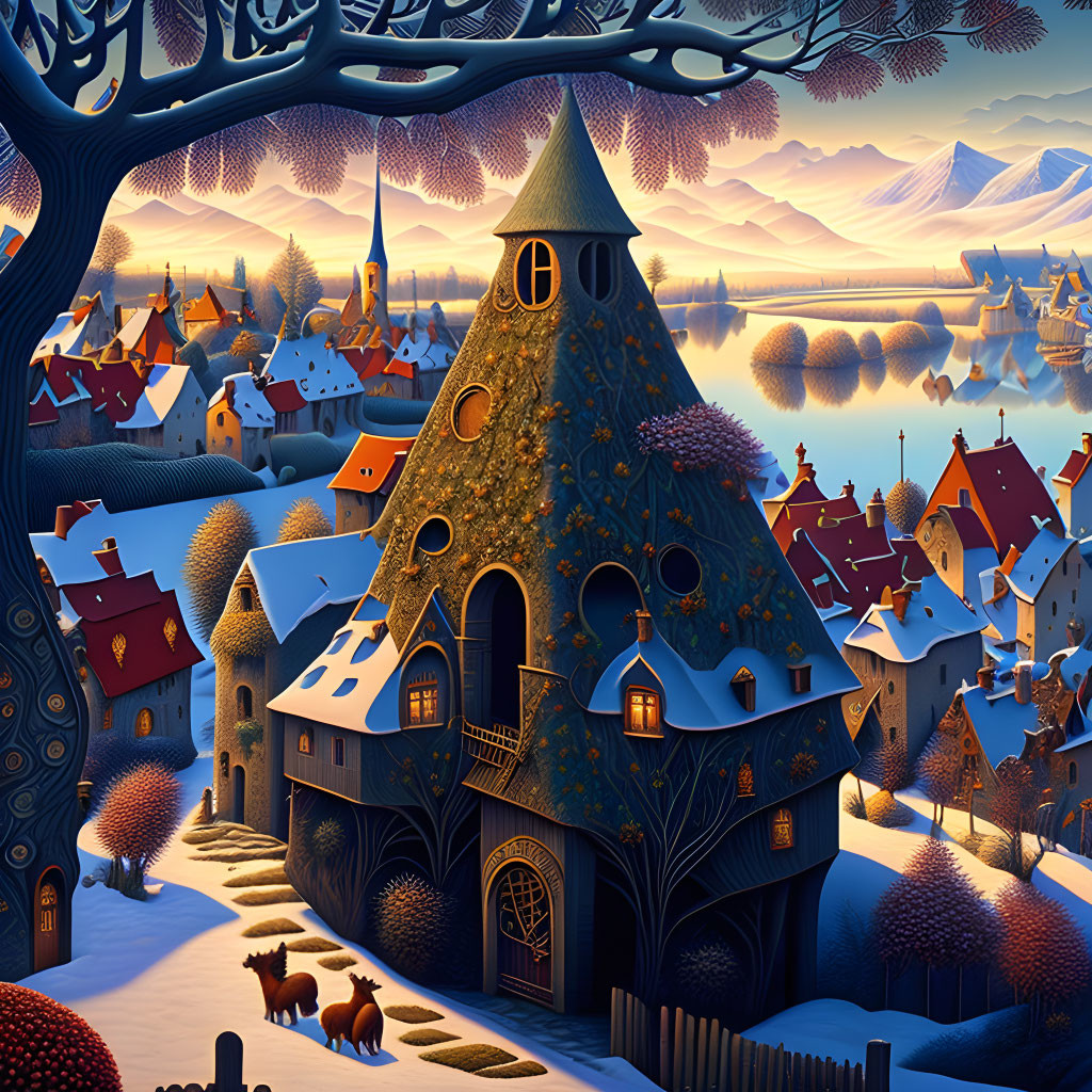 Fantasy village illustration: snow-covered rooftops, intricate treehouse, serene mountains