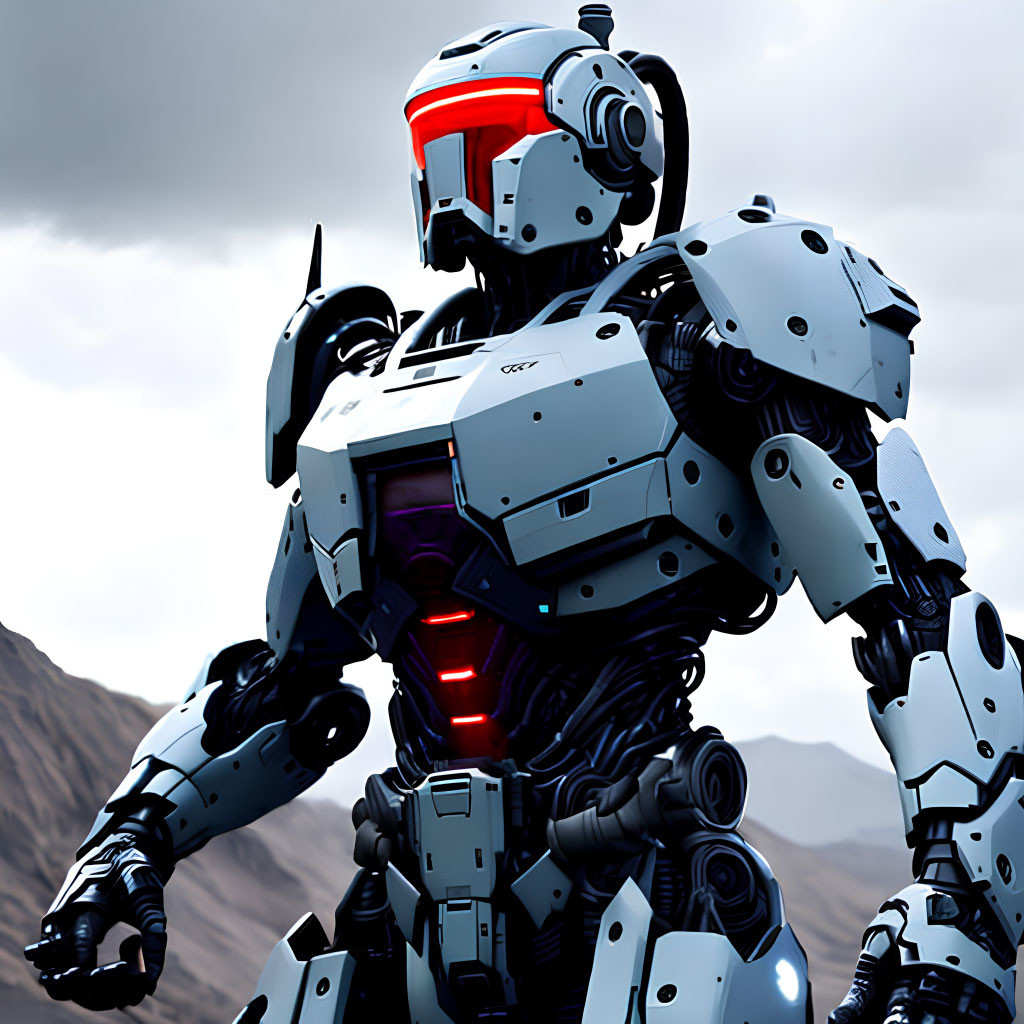 Futuristic robot with red visor and armored plating in mountainous setting