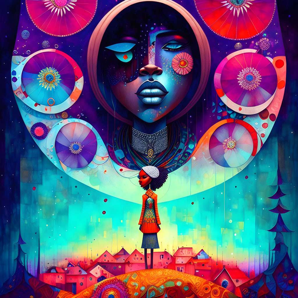 Surreal female portrait with cosmic and floral motifs and colorful houses.