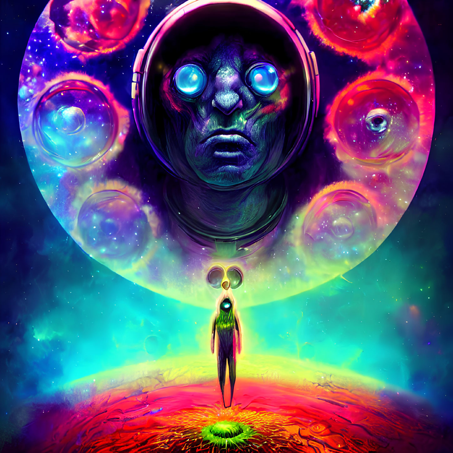 Colorful cosmic scene: large alien head, humanoid figure, planets, bubbles