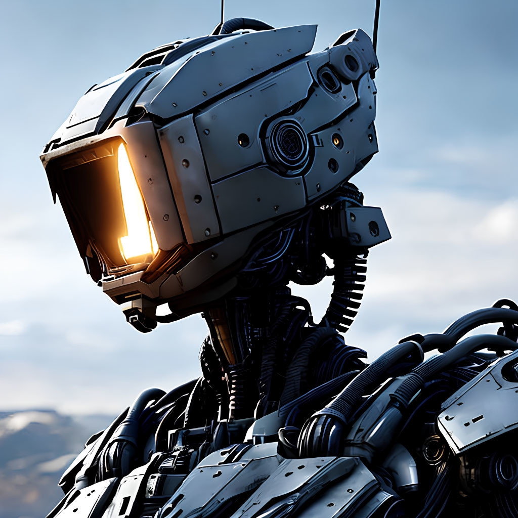 Futuristic robot head with glowing eyes and metallic armor on cloudy sky backdrop