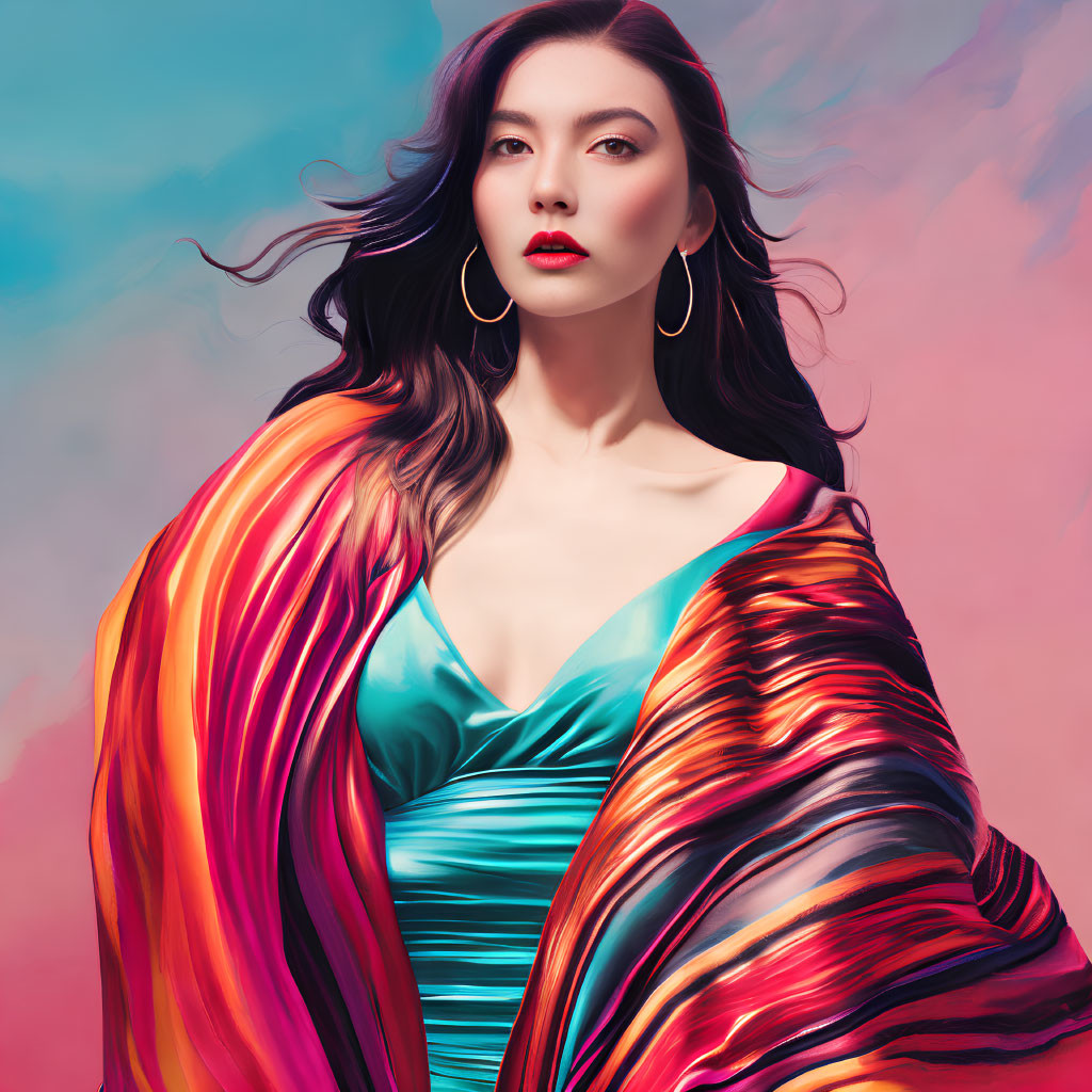 Dark-haired woman in hoop earrings with multicolored shawl on pink and blue gradient.