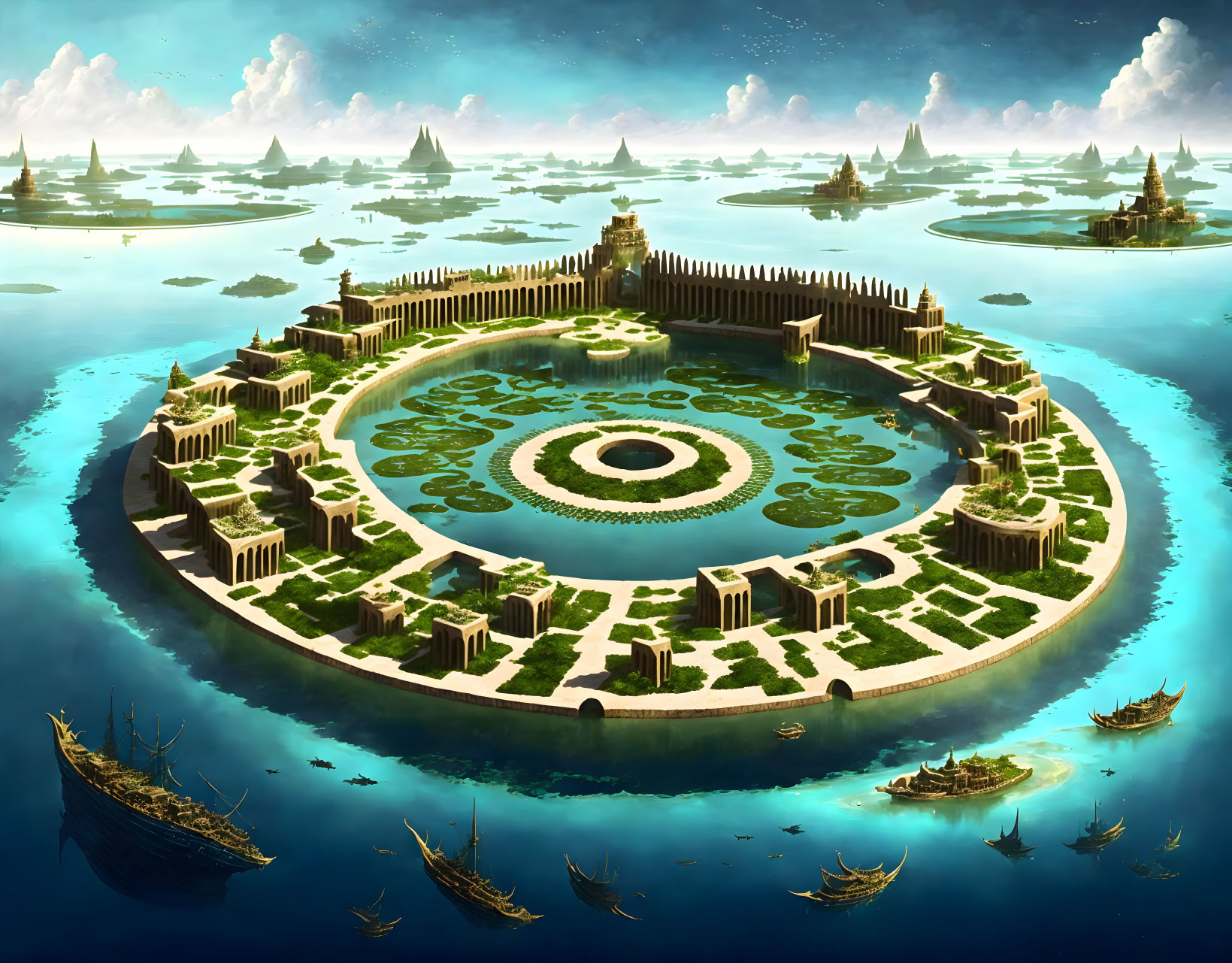 Circular Island City with Ancient Buildings and Boats on Scattered Islets