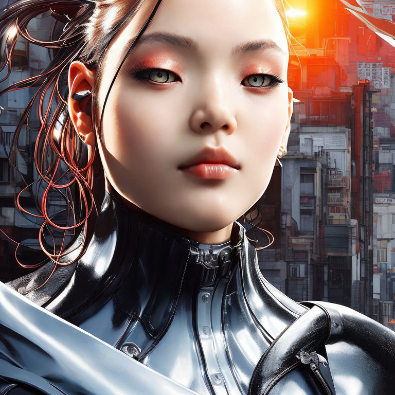 Digital Artwork: Woman with Green Eyes and Red Eyeshadow in Futuristic Attire against Urban