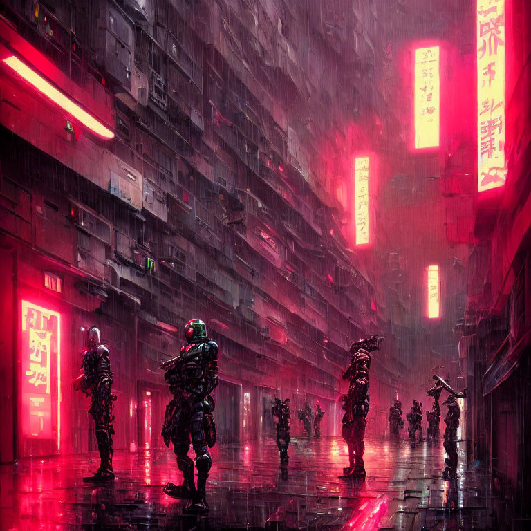 Neon-lit urban dystopian scene with futuristic soldiers