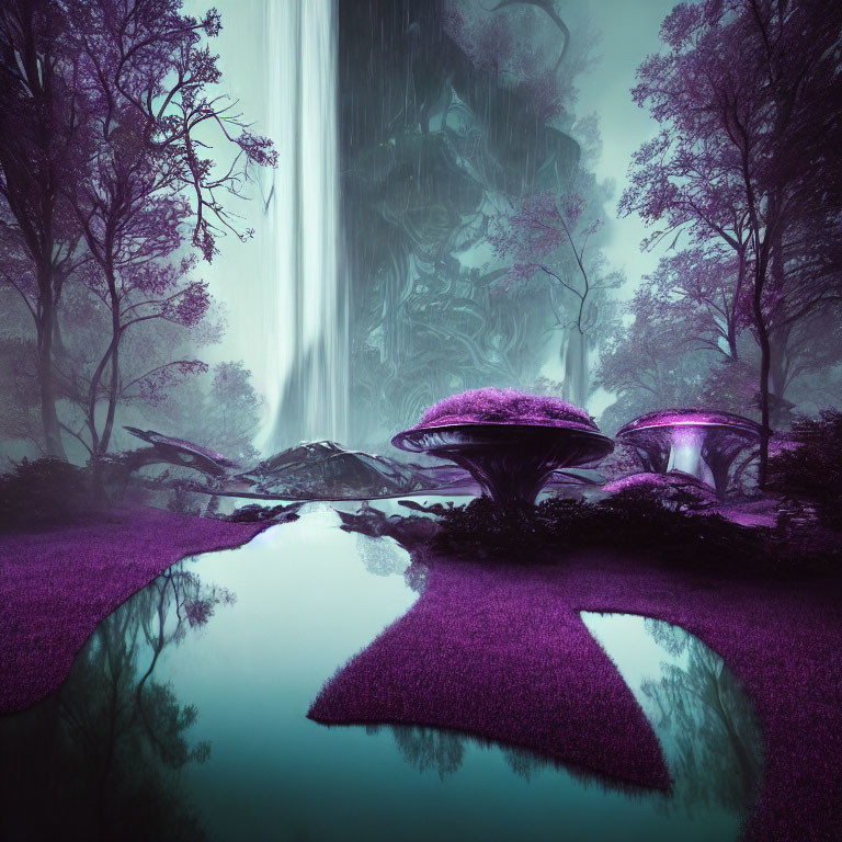 Enchanting forest scene with purple foliage, giant mushrooms, and misty waterfall