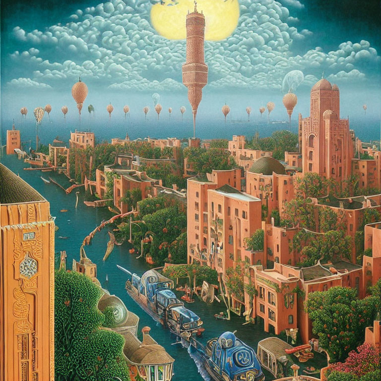 Surreal artwork of canal city with hot air balloons and vintage cars