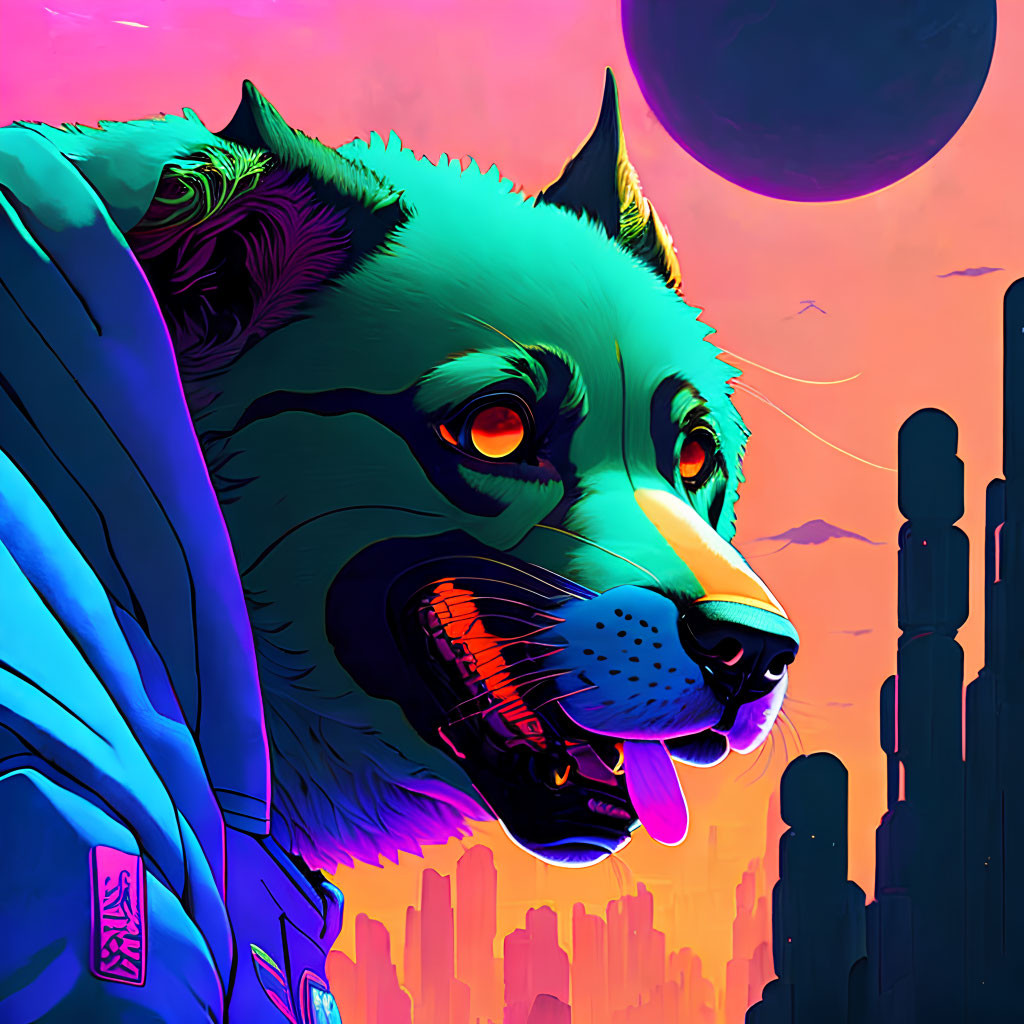 Colorful Dog in Blue Spacesuit Against Futuristic Cityscape