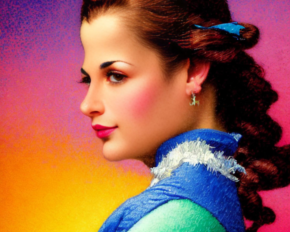 Styled Hair and Vibrant Makeup on Woman against Colorful Background