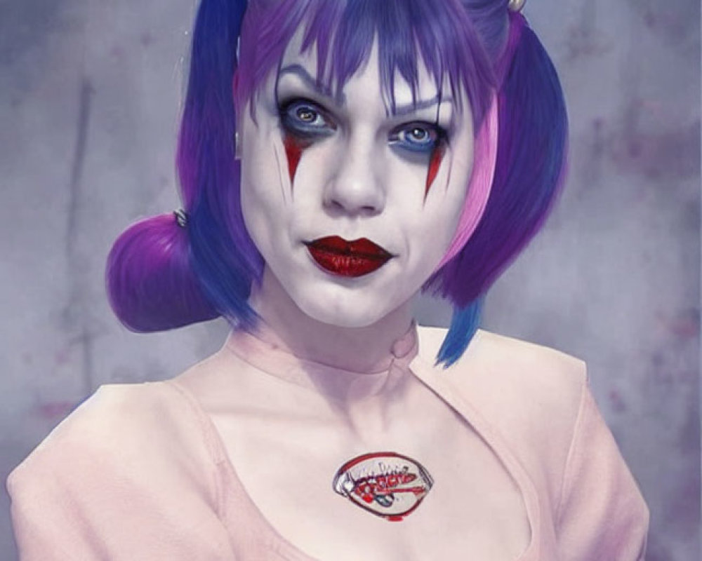 Purple and Black Hair Woman with Clown Makeup on Muted Background