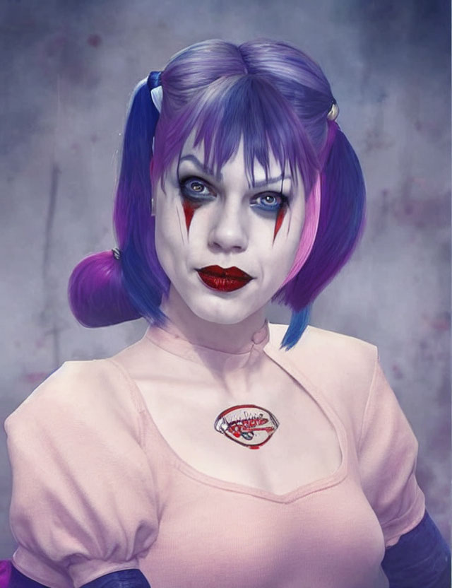 Purple and Black Hair Woman with Clown Makeup on Muted Background