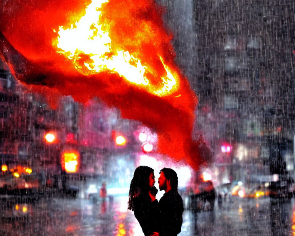 Couple kissing in rain under vibrant red light at night