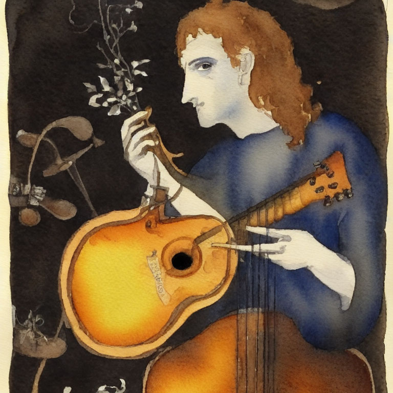 Illustration of person with red hair playing guitar amidst musical notes and plant growth