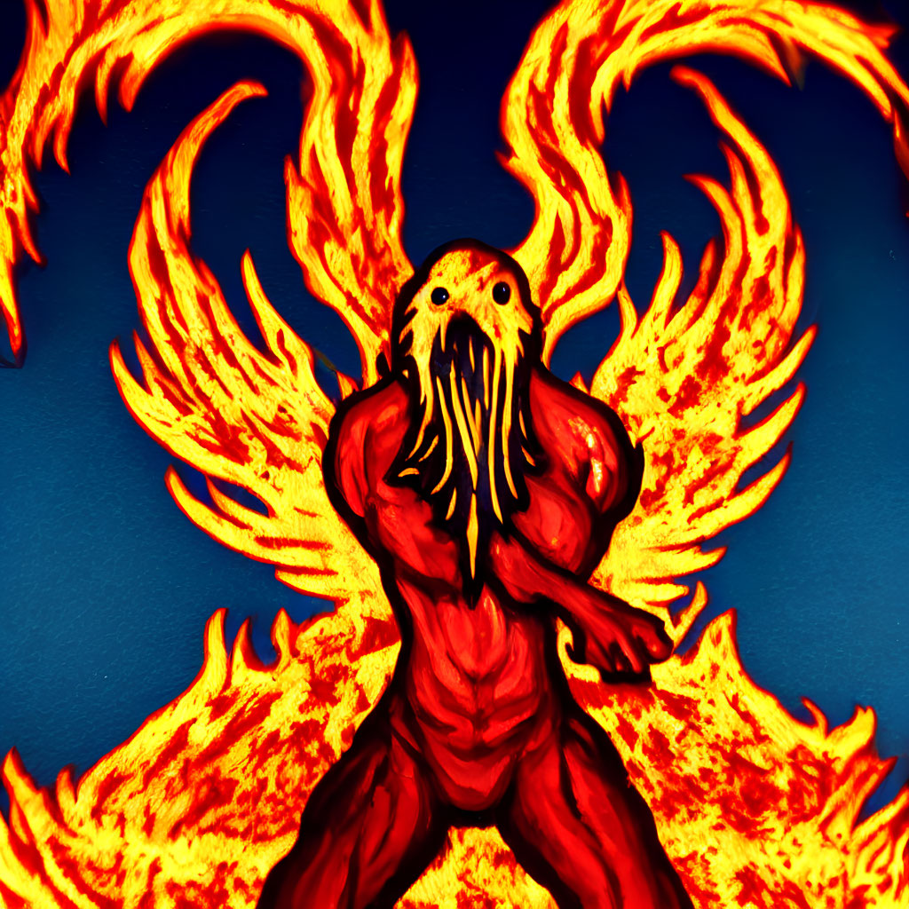 Muscular red figure engulfed in flames on blue background