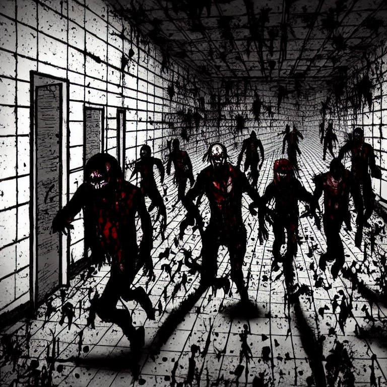 Group of Silhouetted Figures with Red Eyes in Dark Corridor