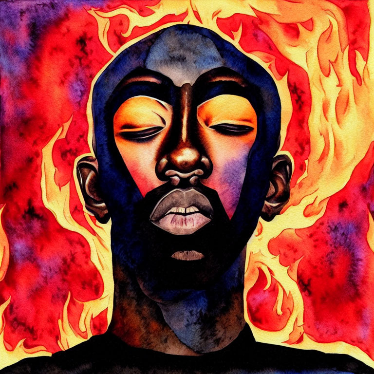 Colorful Watercolor Illustration of Person Surrounded by Flames