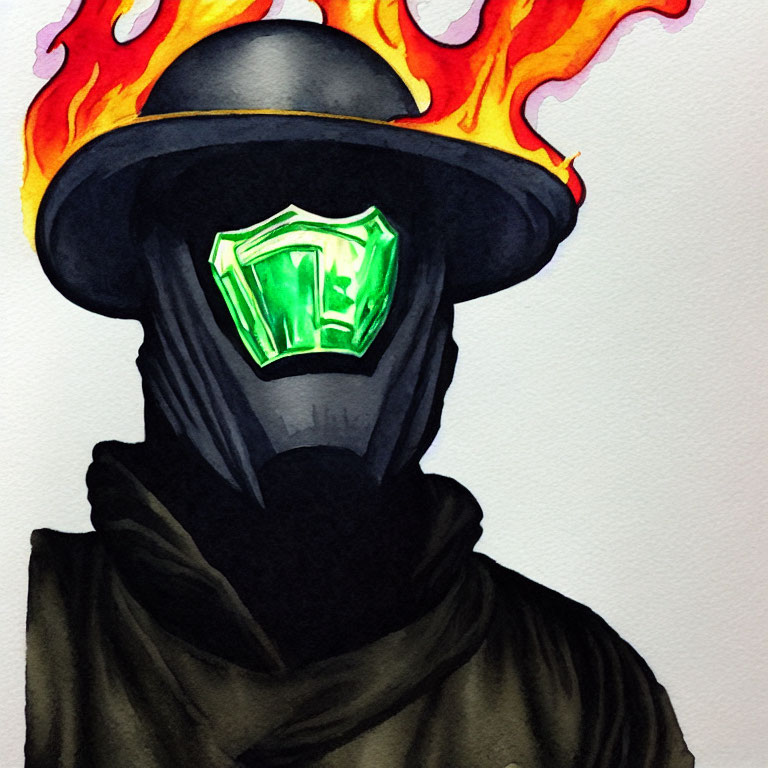 Person in Dark Outfit with Flaming Helmet and Neon Green Emblem