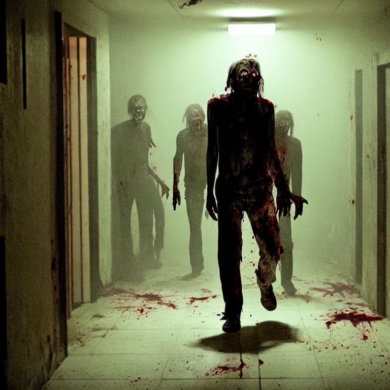 Creepy zombie figures in bloody clothes walking down dimly lit corridor