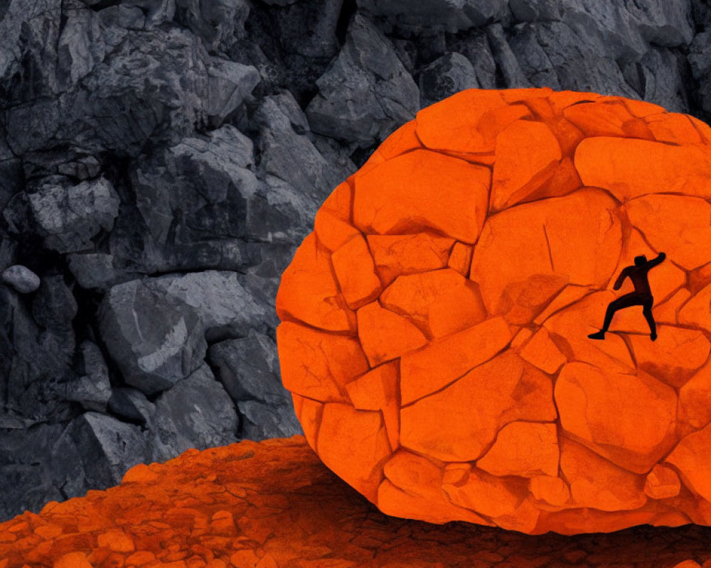 Person climbing oversized orange brain-shaped boulder among grey rocks