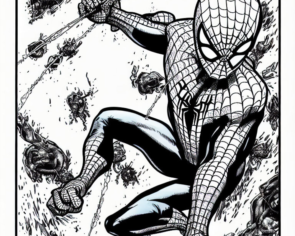 Comic illustration of Spider-Man dodging debris and villains in black-and-white