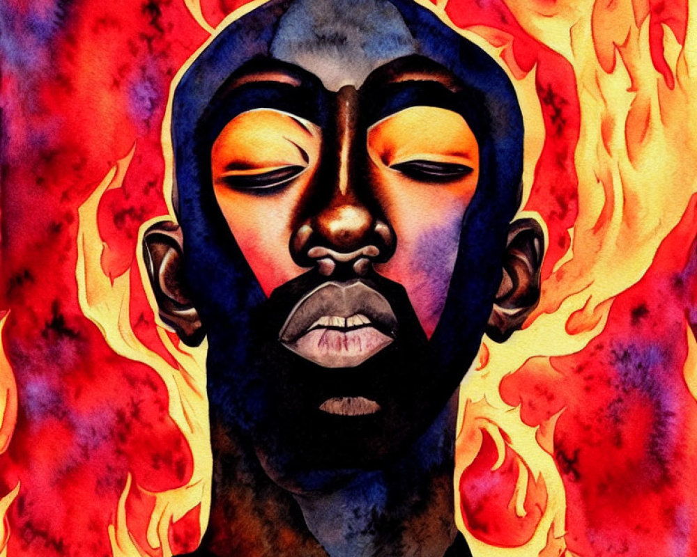 Colorful Watercolor Illustration of Person Surrounded by Flames