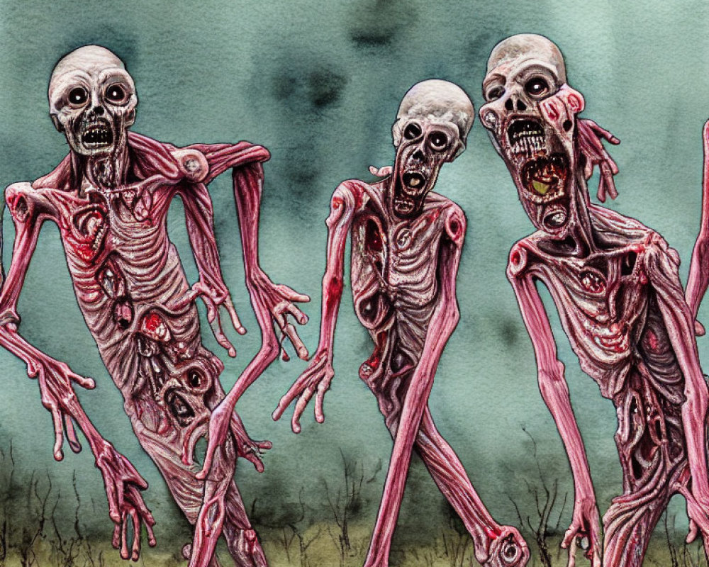 Three emaciated zombie-like creatures in a dismal landscape