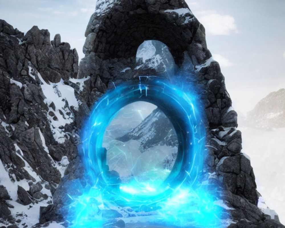 Swirling blue energy portal in rocky archway on snowy mountain summit