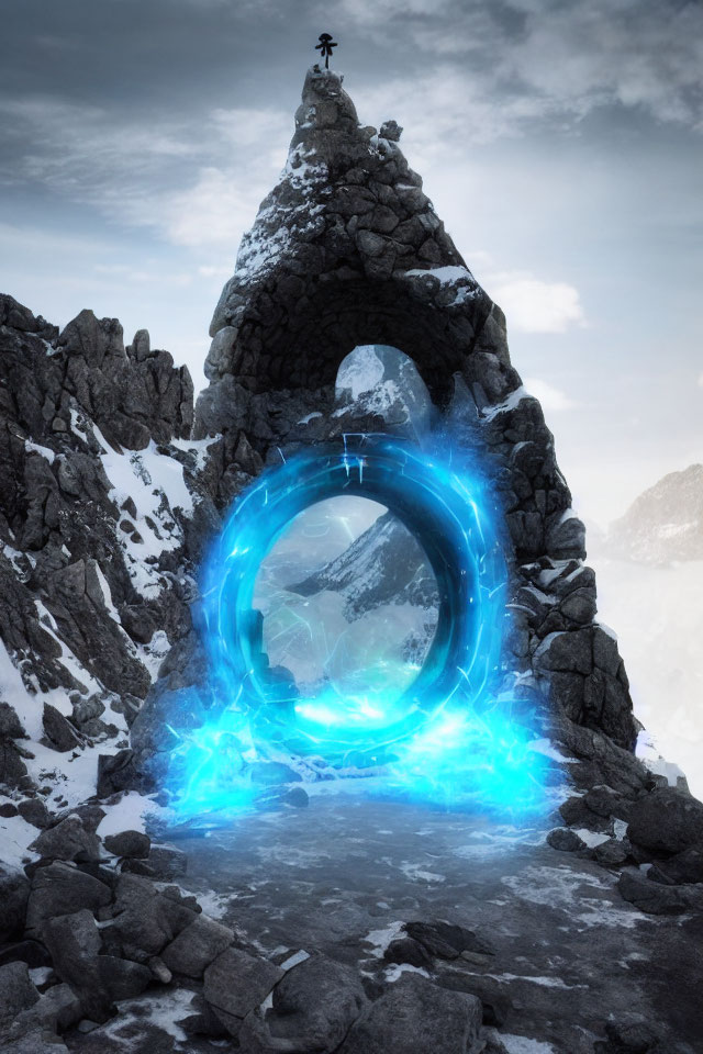 Swirling blue energy portal in rocky archway on snowy mountain summit