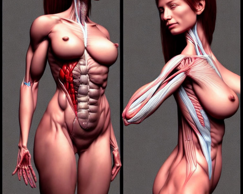 Digital illustration split: Female figure with skin on one side, detailed anatomical muscles and tissues on the