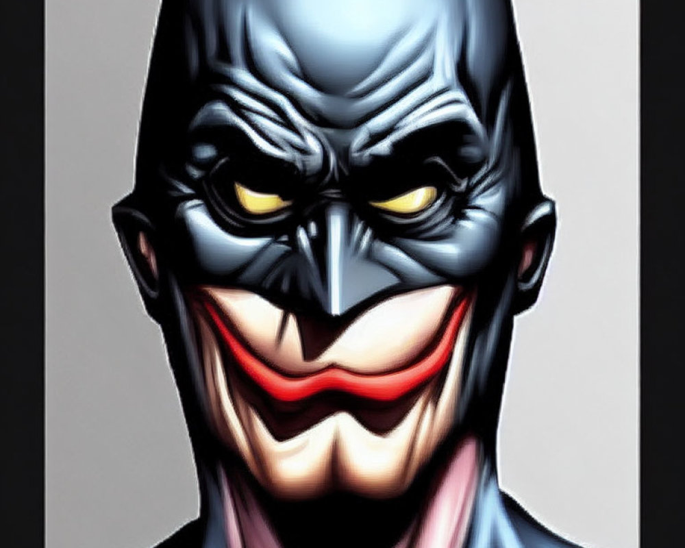 Stylized male figure with cowl, intense eyes, and pronounced grin