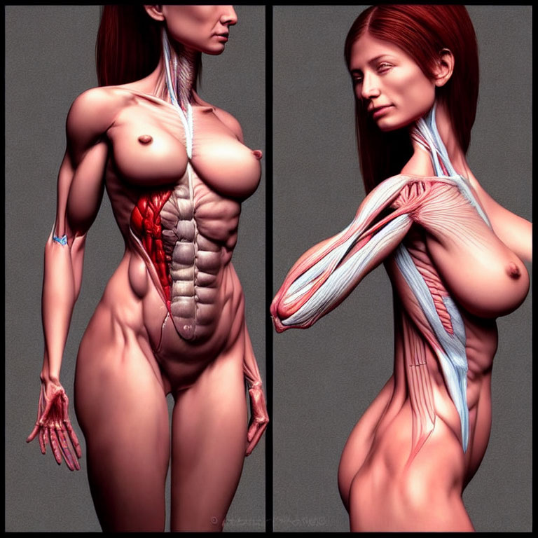 Digital illustration split: Female figure with skin on one side, detailed anatomical muscles and tissues on the