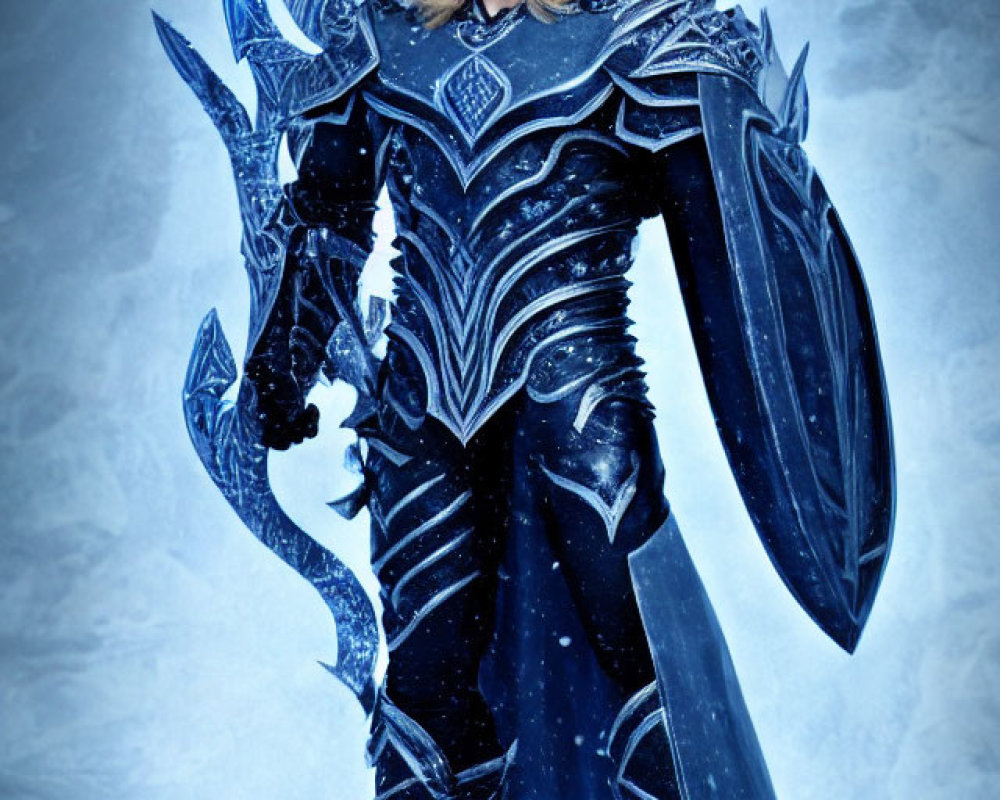 Ice-themed armor warrior with shield and sword in snowy landscape