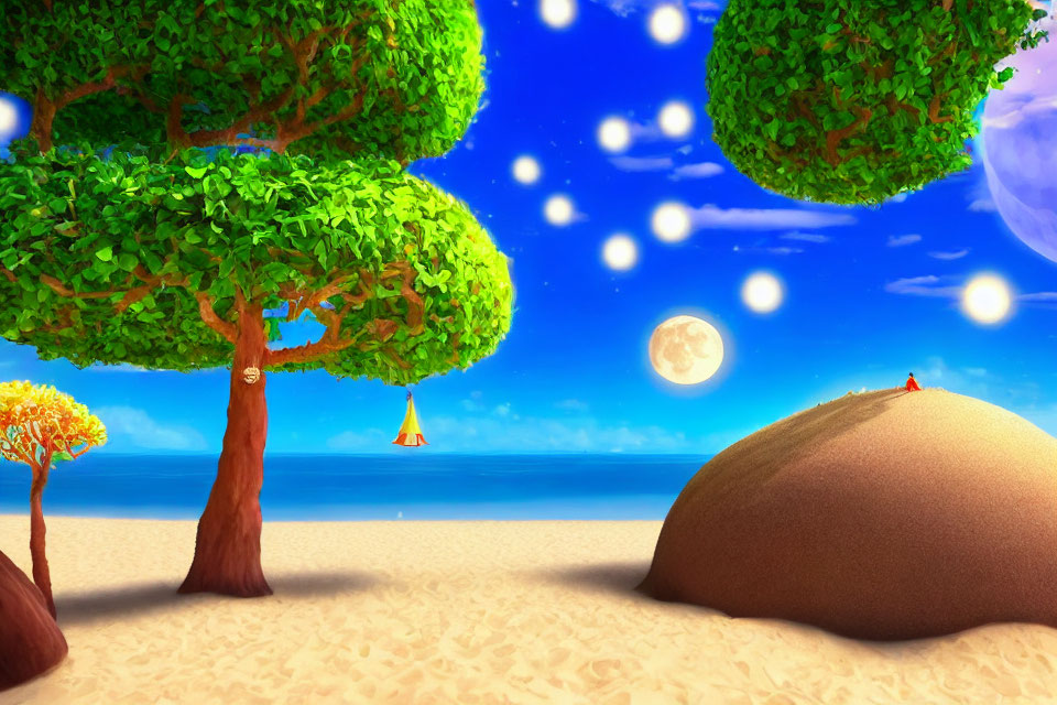 Colorful beach scene with fluffy trees, sandy hill, figure, sailboat, sun, and moon