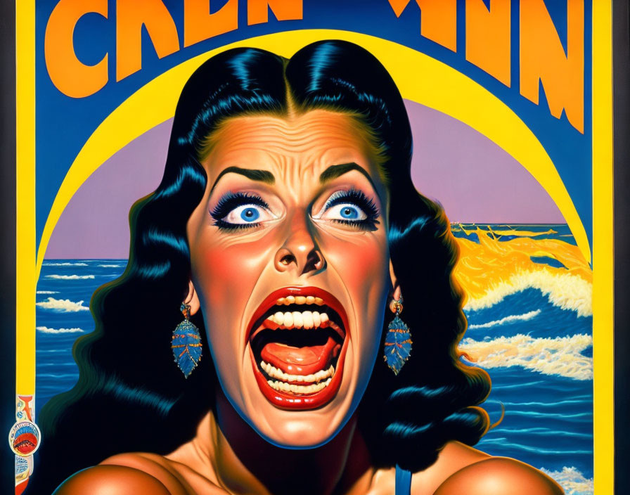 Illustrated vintage-style poster with dark-haired woman screaming in terror and plane crash scene.