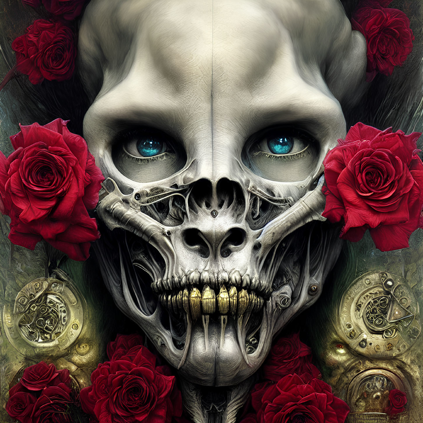 Detailed skull with blue eyes, red roses, and golden timepieces